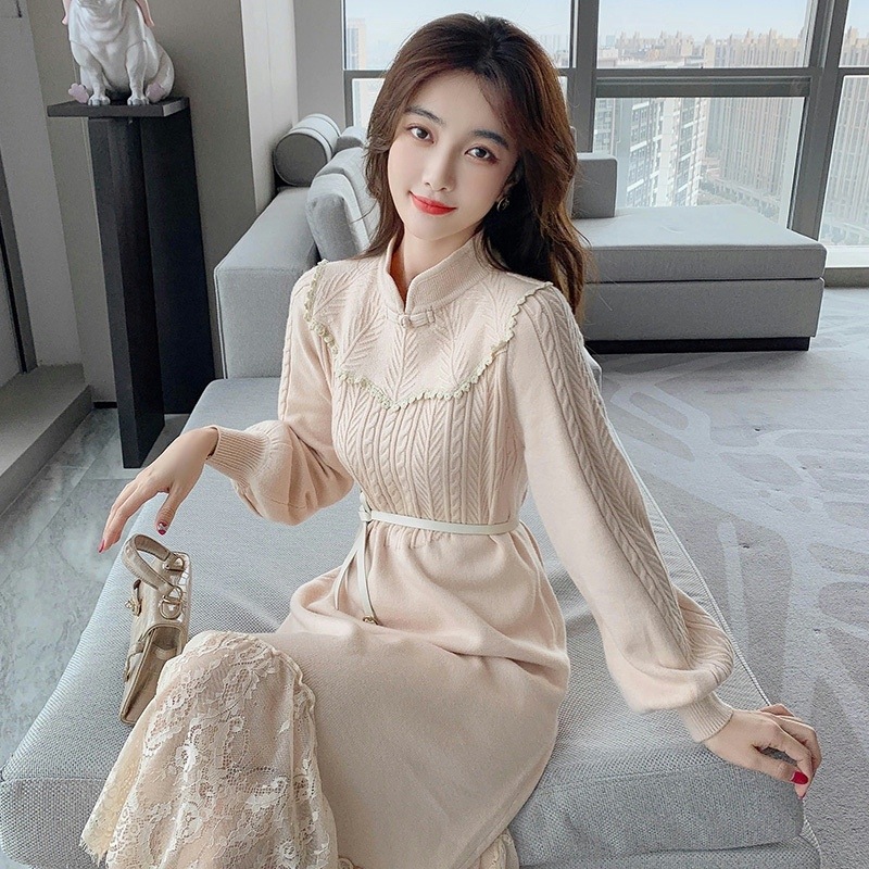 レディース ワンピース ベルト付き ニット ハイネック レース ケーブル編み ランタンスリーブ 長袖 お呼ばれ パーティー フォーマル 大人可愛い ママコーデ ママファッション 韓国系 オルチャン 人