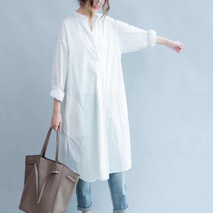 レディース ワンピース シャツワンピース ミモレ 長袖 襟なし ワイド ポケット 薄手 大人可愛い きれいめ シンプル カジュアル 上品 おしゃれ こなれ感 ラフ 個性的 クール エレガント 主役級