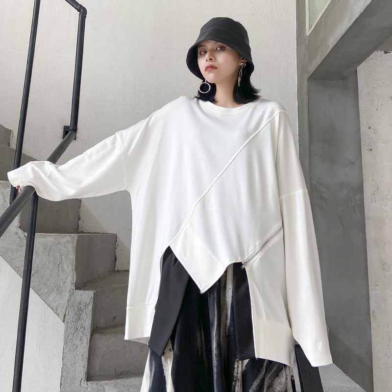 トップスチュニック長袖ブラウストレーナー変則長袖Tシャツ春と秋の新作ゆったり着やせトップスinsトレンド裾ジョイントチェーンタイツ秋アウター