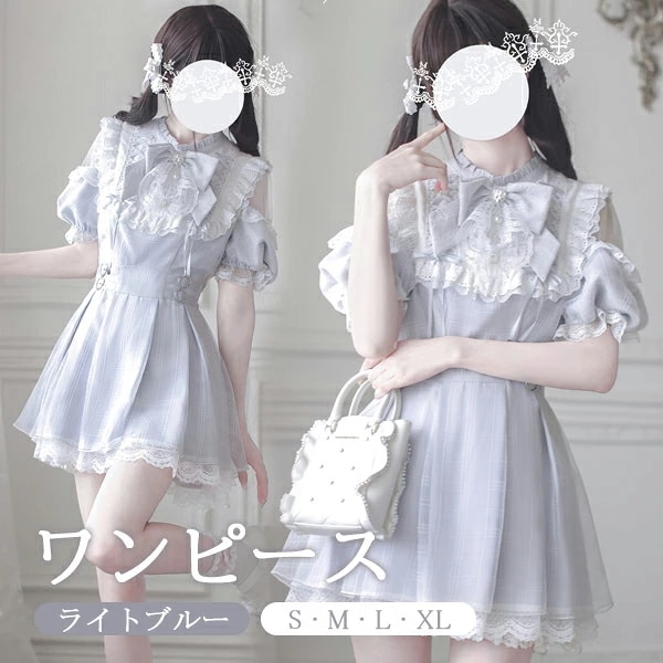 量産型 ワンピース チェック柄 ロリータ 夏 半袖 レディース 女子 レース リボン ショート丈 ミニ 蝶結び フリル パフスリーブ ギャル ハイウエスト かわいい 可愛い 病みかわ 学生 お姫様 プ