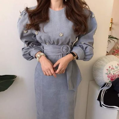 コーデュロイ花柄ビーズのタイトロングワンピース 5,543円