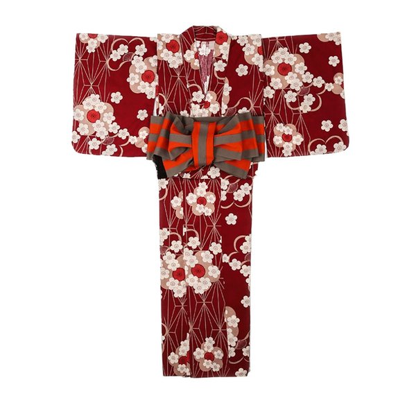 レディース 着物 綿 仕立て上がり 洗える 花柄　レッド　半幅帯9点セット 浴衣結び帯下駄浴衣