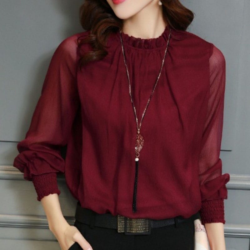 2306.シフォンハイネックフリル襟レースブラウス(ワインレッド) 2019 春夏 新作 大人 かわいい カジュアル きれいめ OL 20代 30代 デート服 女子会 通勤 通学
