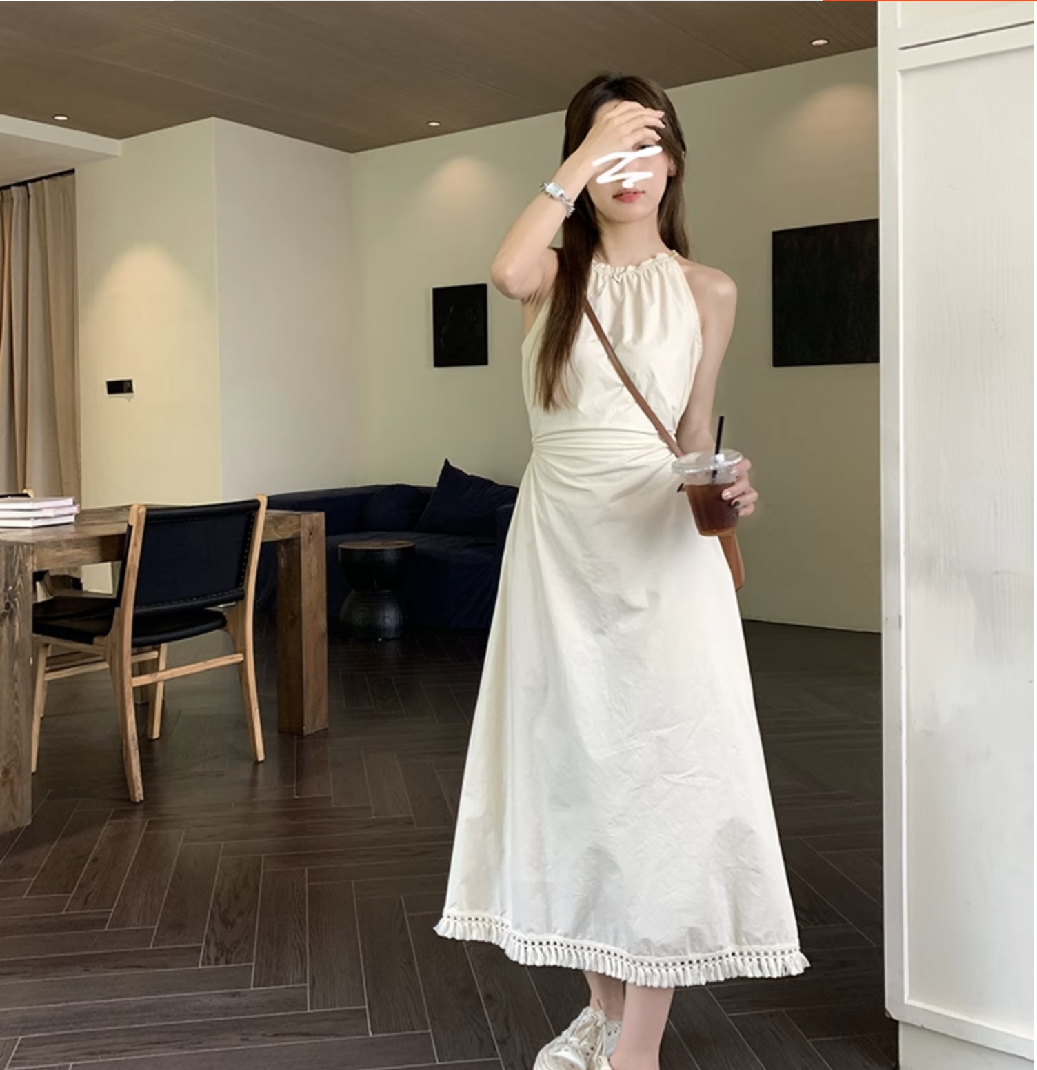 個性的 夏服 ワンピース ワンピドレス フレアワンピース ロジスワンピ 7分丈 袖なし ホルターネック フレア セミフレア Aライン 背中空き リボン バック 後ろ バックコンシャス タッセ