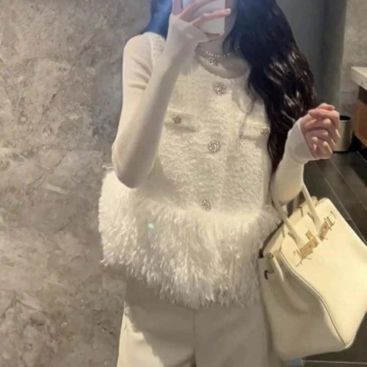 アウターベストプードル もこもこ感 大人カジュアル 海外問屋直送 ベスト 秋冬ジレ ツイード S～XL ジレ 暖かジレ ジレジャケット プードルフリルが可愛い