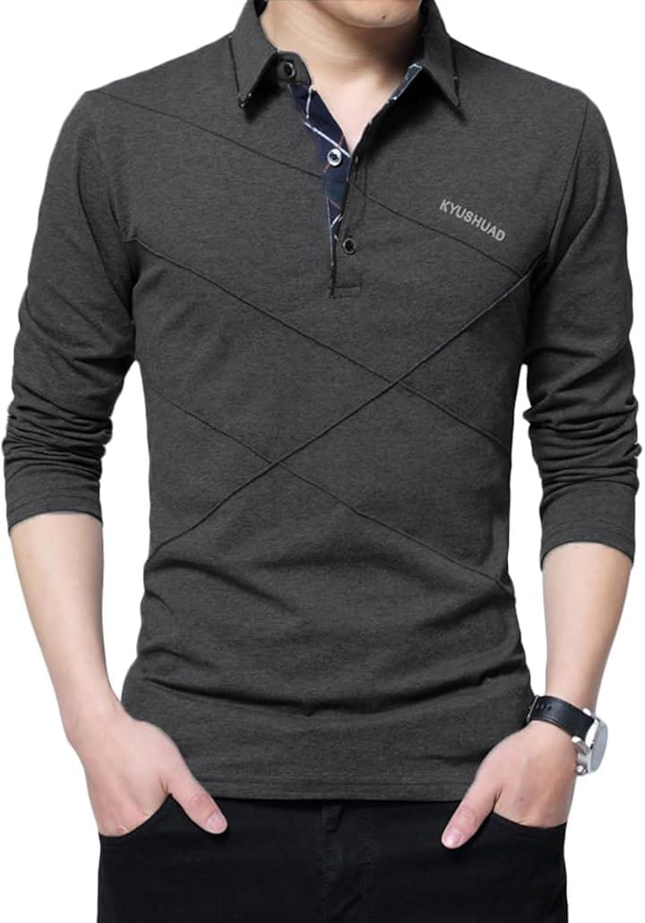 ゴルフウェア メンズ ポロシャツ 長袖ポロシャツ ゴルフシャツ ビジネス コットン(ダークグレー, 2XL)