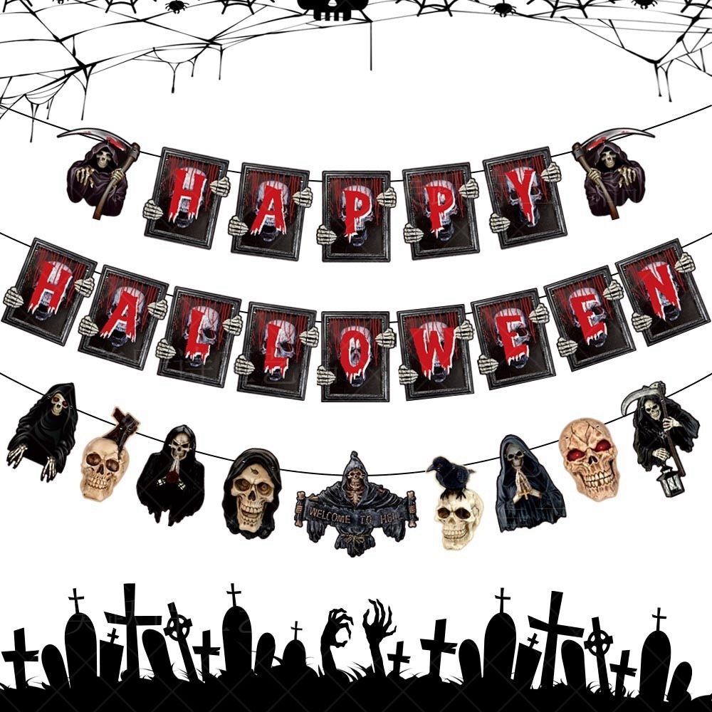新しいスタイルのハロウィンパーティー装飾 怖い雰囲気のハロウィンバナーやドクロバナー 6,287円
