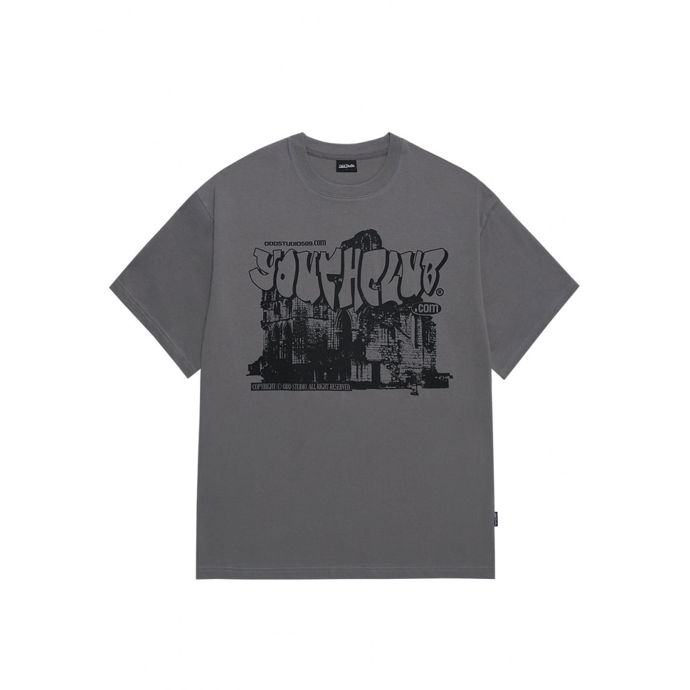 ODD STUDIO ユースクラブグラフィックオーバーフィット T シャツライトチャコール