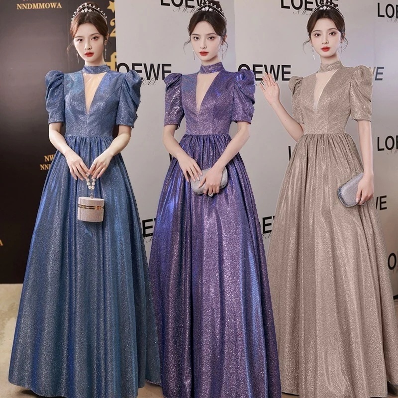 青いイブニングドレス女性2024星空グラデーションホスト民衆の歌ベルカントソロパフォーマンス衣装ボーカルアートテスト安い