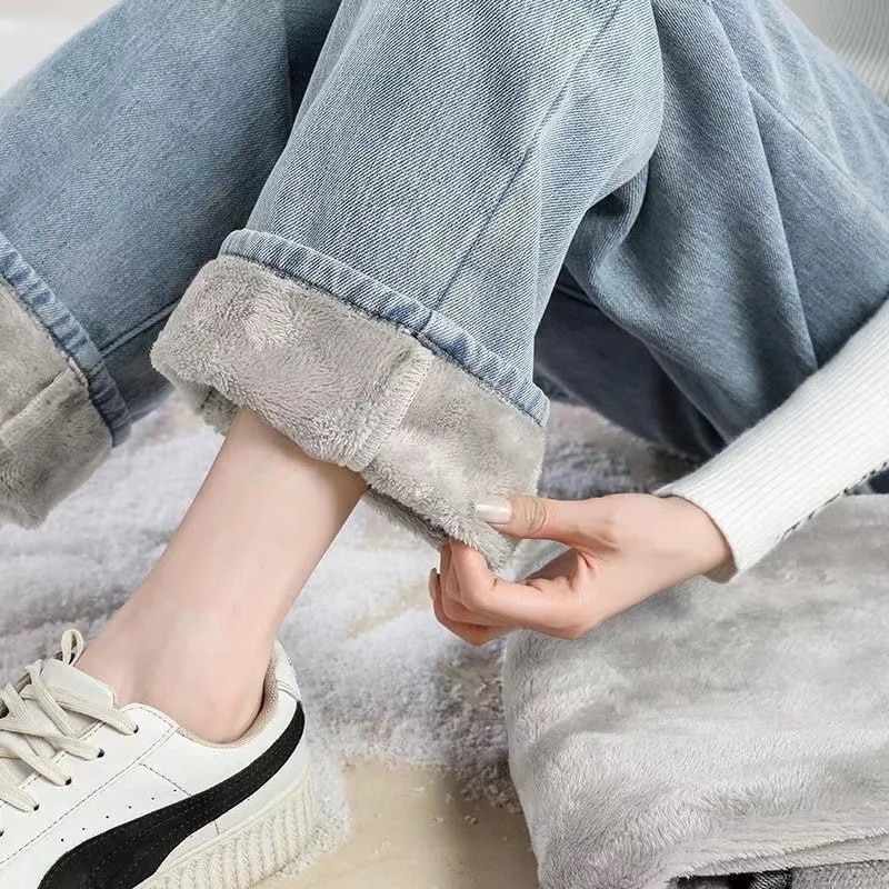 女性用の厚手のフリース裏地付きジーンズ ロングパンツ ハイウエスト ルーズフィット カジュアル ストレートカット 新しいスタイル 2022
