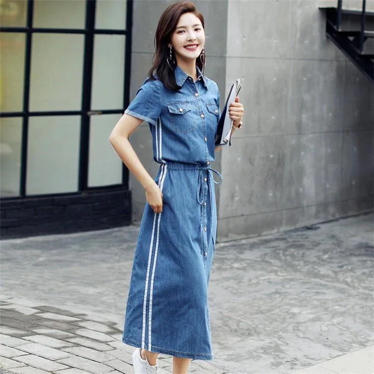 夏 韓国風 デニムスカート レディース 半袖 ロング丈 カウボーイ マキシワンピース ベルト付き 着痩せ シャツワンピ ワンピース ワンピース ワンピース