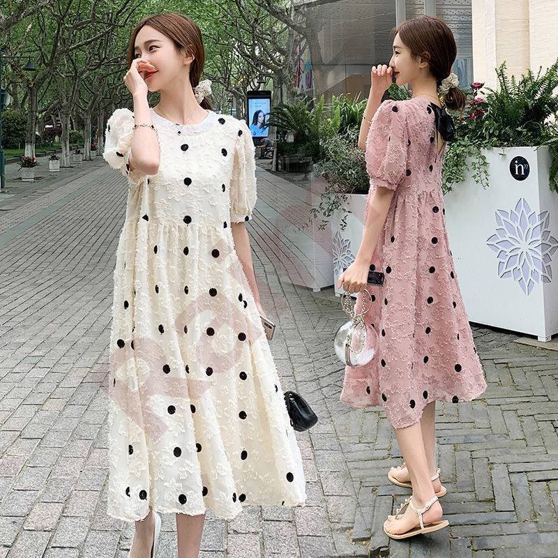 数量限定 ワンピース レディース 春マキシワンピース ドット柄 パフスリーブきれいめ 韓国風 着痩せ