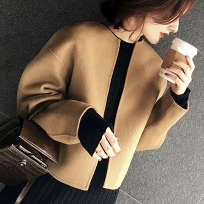 【 2020年 秋冬 2color ノーカラー シンプル ジャケット 羽織り ショート コート ドロップショルダー