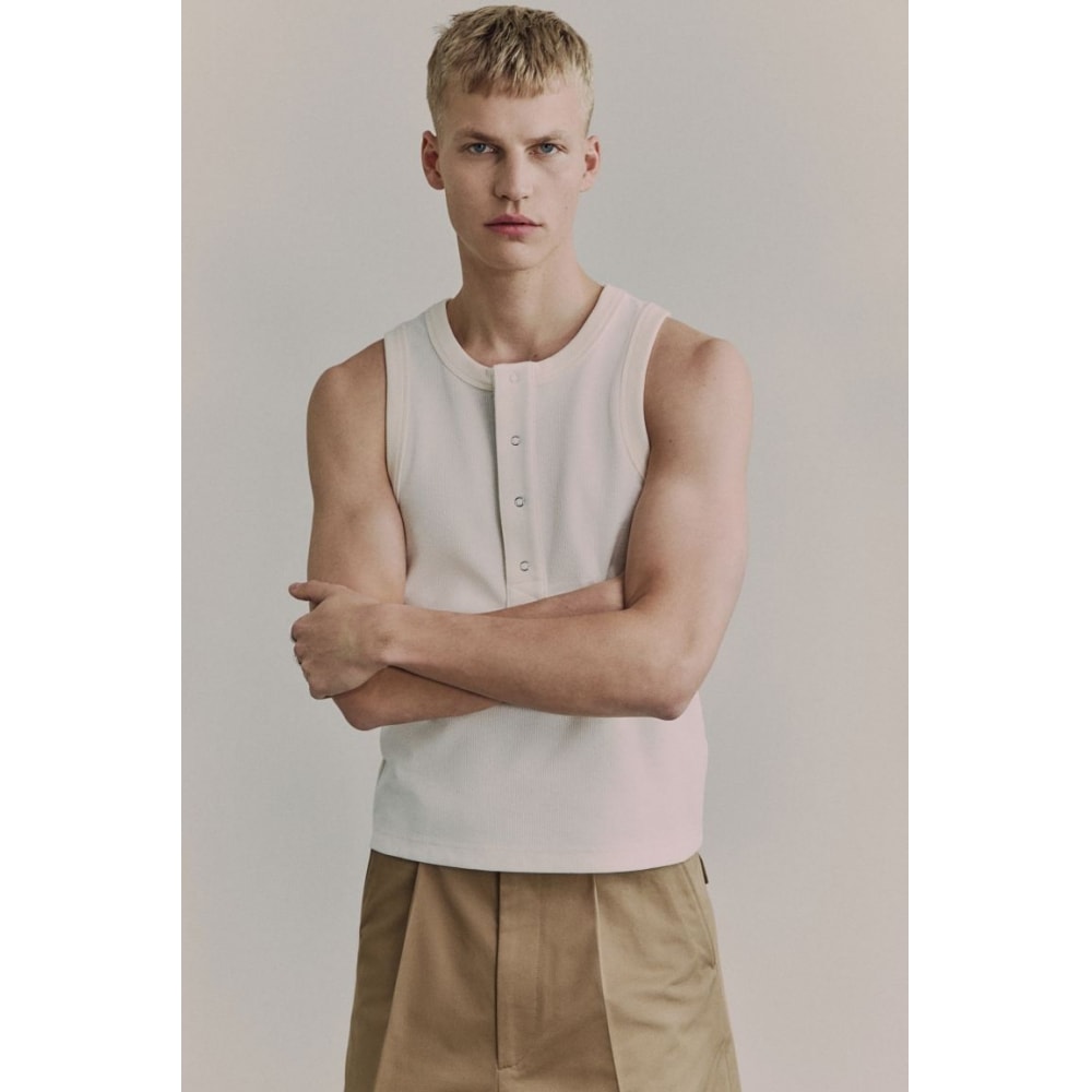 H&M リブスリーブレスヘンリートップクリーム