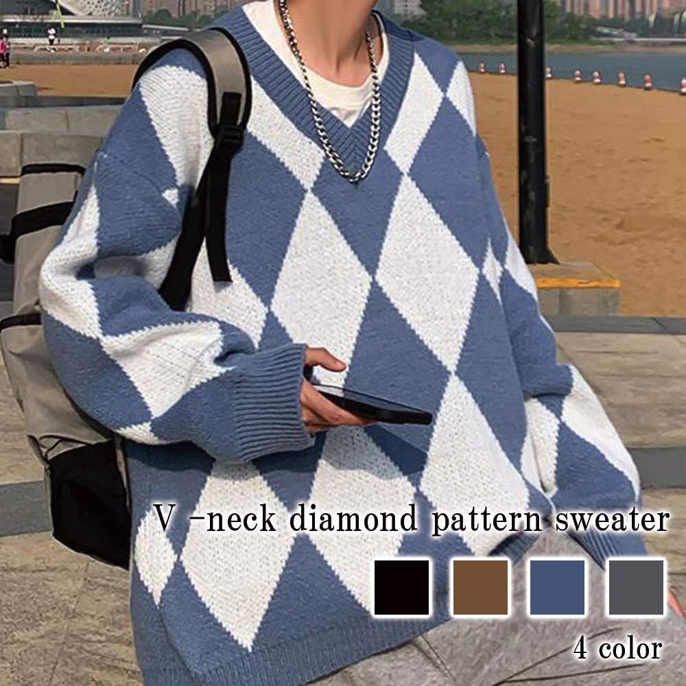 セーター メンズ Vネックダイヤ柄セーター ノルディック Vネック タートルネック シニア ニット 春 ゴルフ ブランド ハイネック サイズ トレーナー クルーネック おしゃれ 洗える リブ 秋 チェ