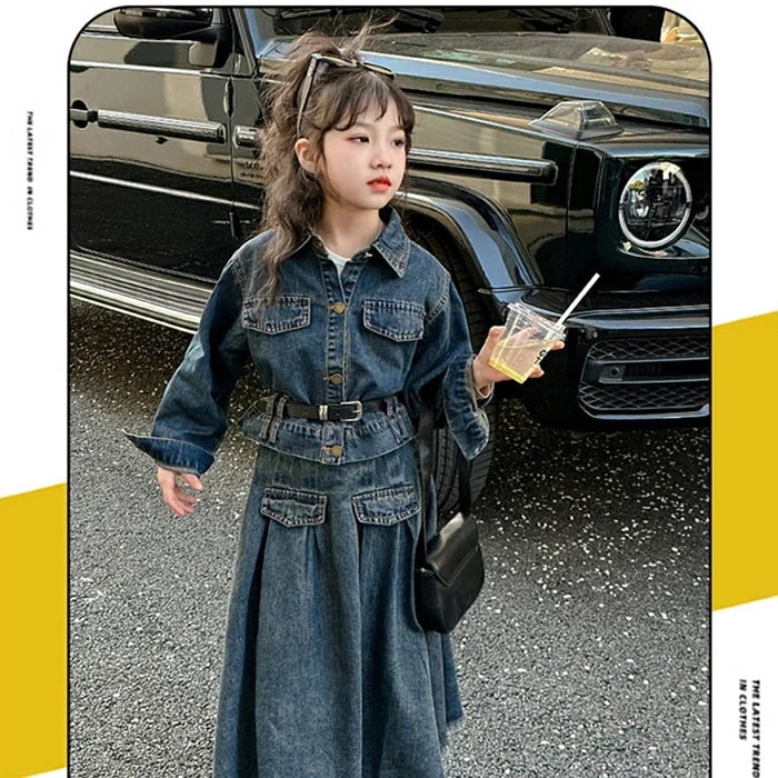 セットアップ キッズ 女の子 上下2点セット ジャケット スカート デニム 子供 長袖 デニムセット ロング丈スカート 学園風 入学式 女の子 女児 旅行 小学生 七五三 ロング丈 長袖 コート 卒業