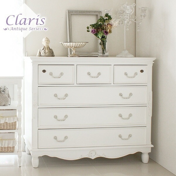 【開梱設置付き】チェスト 木製 おしゃれ タンス 収納　リビング 引き出し　ホワイト 姫系 アンティーク風 ワイド 幅110cm クラリス