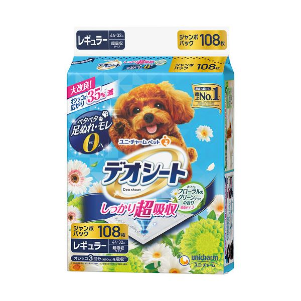 (まとめ)ユニ・チャーム デオシートしっかり超吸収 香り消臭タイプ ホワイトフローラル&グリーングラスの香り レギュラー 1パック(108枚)(×10セット)