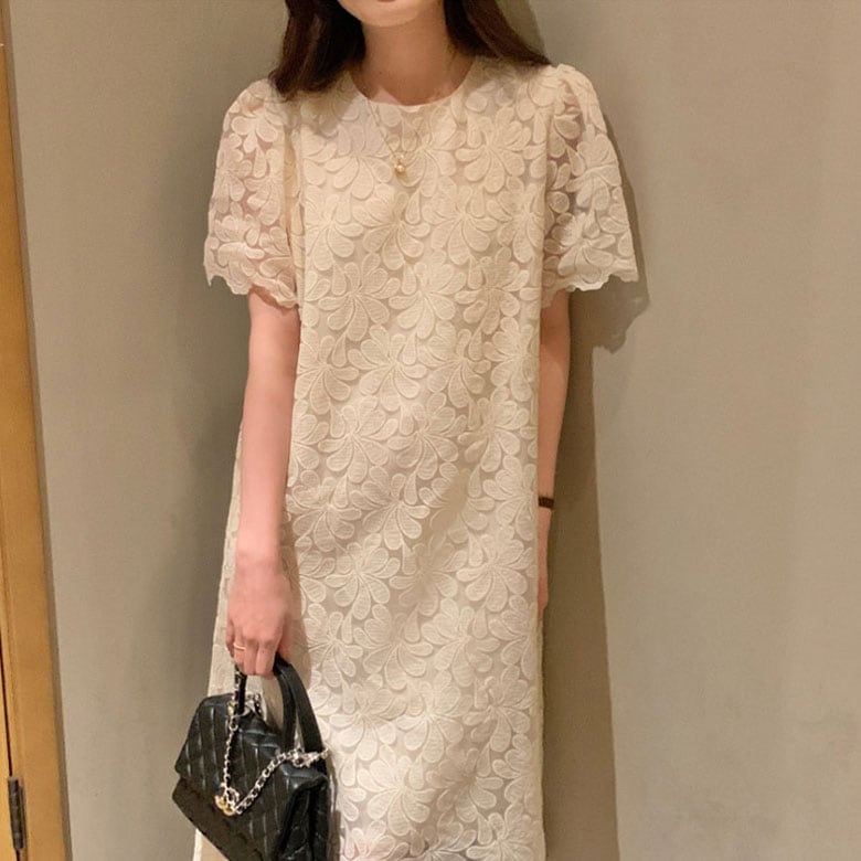 2B30花柄 刺繍 ロングワンピース レディース 春 夏 ワンピース フラワー 半袖 パフスリーブ ラウンドネック フラワー刺繍 お洒落 フェミニン ワンピ 韓国ファッション 可愛い