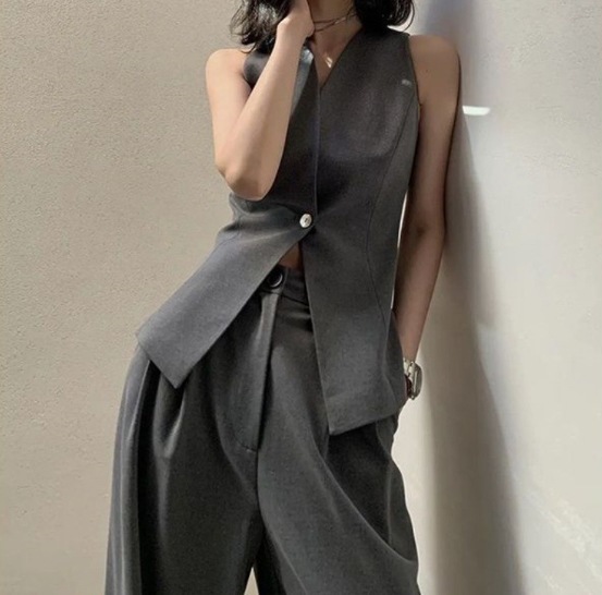 セットアップ パンツスーツ セットアップスーツ ノースリーブ ワイドパンツ 韓国 レディース オルチャン 上下セット ２点セット ツーピース Vネック グレー 無地 ビジネス OL