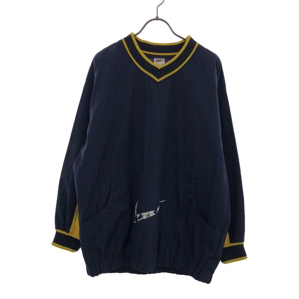 90s 白タグ ナイロン ロゴプリント 長袖 スニードジャック ジャケット L ネイビー×イエロー プルオーバー スポーツ オールド キッズ