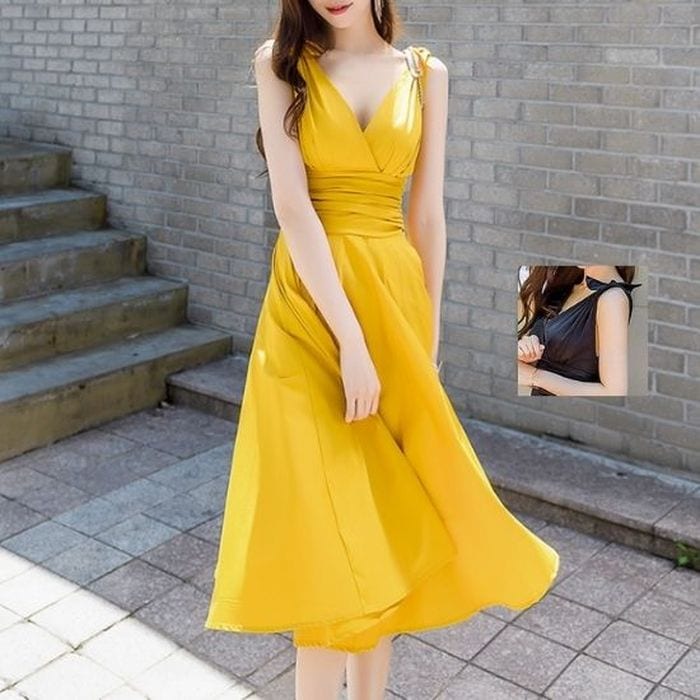 お呼ばれ ワンピース 韓国 安い おしゃれ 膝丈 黒 パーティードレス 謝恩会 セクシー 可愛い プチプラ ノースリーブタイト シンプル きれいめ 10代 20代 30代 人気 黄色 フェミニン デー 5,135円