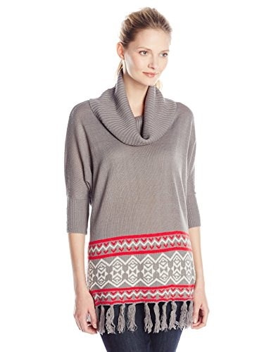 Allison Brittney Womens Aztec Dolman Cowl Neck Pull Over Sweater with Fringe, Grey, Large Allison Brittney Womens Aztec Dolman Cowl Neck Pull Over Sweater with Fringe, Grey, Large