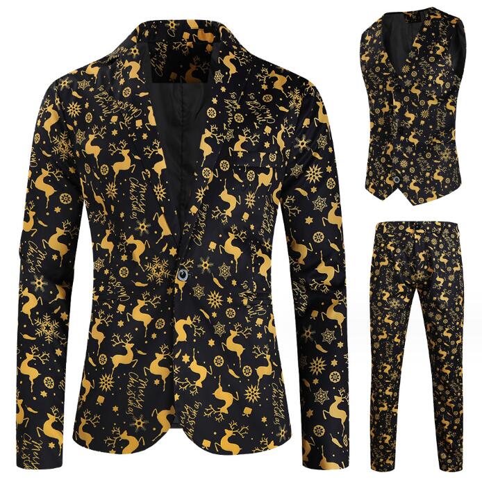 メンズスーツセット ジレベスト　クリスマス　鹿プリント　長パンツ　タキシードジャケット単品/2点/3点セット　二次会コスプレステージ演出服アウター　舞台ダンスウェア　団体服　発表会　カラオケ　パーティ