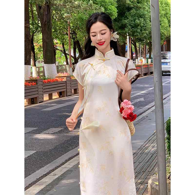 チャイナドレス レディース ワンピース レトロ 伝統的レーヨン ジャカード 夏 中華 若々しい 女の子 イエロー