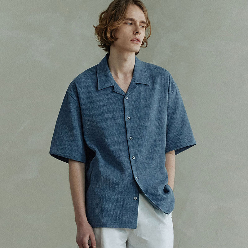 Open Collar Pigment Half Shirt [Smokey Blue]