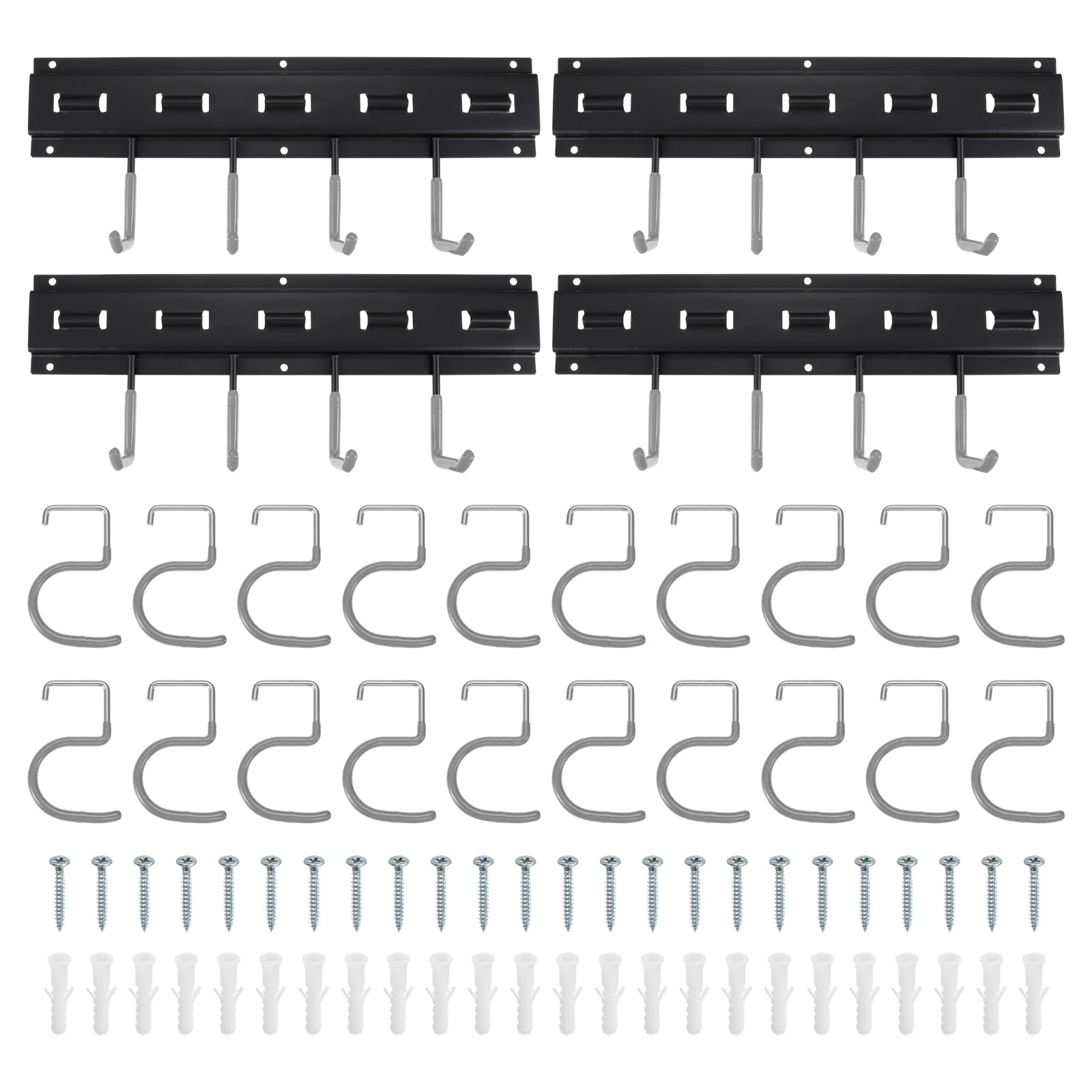 uxcell ガーデンツールレール 8×41cm 4個セット ガレージ収納レール フック付き グレー ツールホルダー 壁掛け ガレージ 庭 地下室用 電動工具 掃除道具 収納可