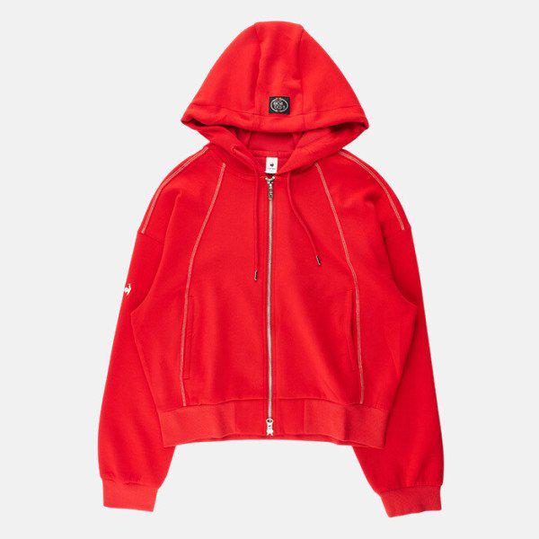 女性ルーズフィットダブルテンションフード付きジップアップレッド QP322OFT71