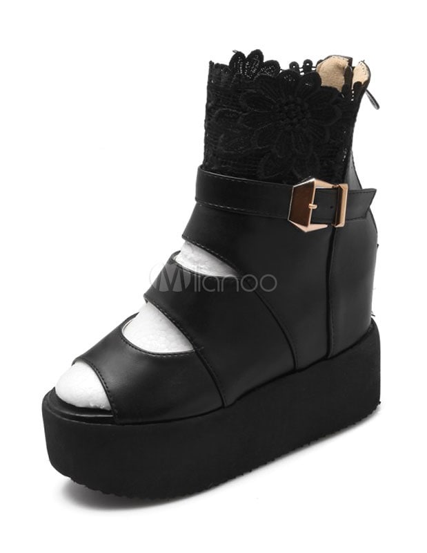 ブラックプラットフォームシューズはカットアウトのピープトウPUサンダル女性のための