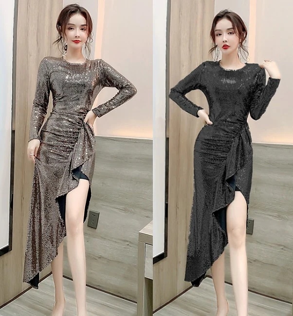 【高品質の製品】新品更新 新作追加 ロングドレス フリル 長袖 アシンメトリー きれいめ ドレス パーティー キャバクラ レディース【大きいサイズ レディース キャバ 二次会 花嫁 結婚式 ワンピース