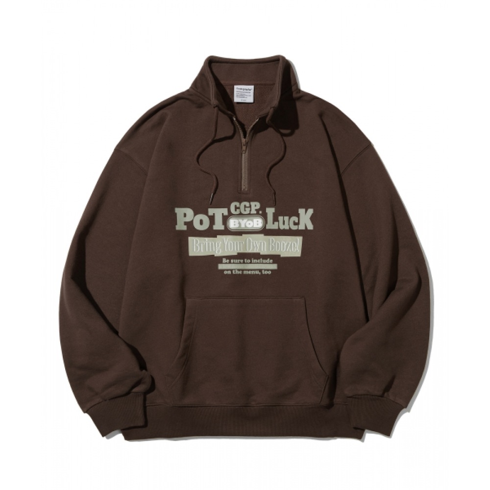 CODEGRY ポットラックネックストリングハーフジップアップスウェットシャツ_ブラウン
