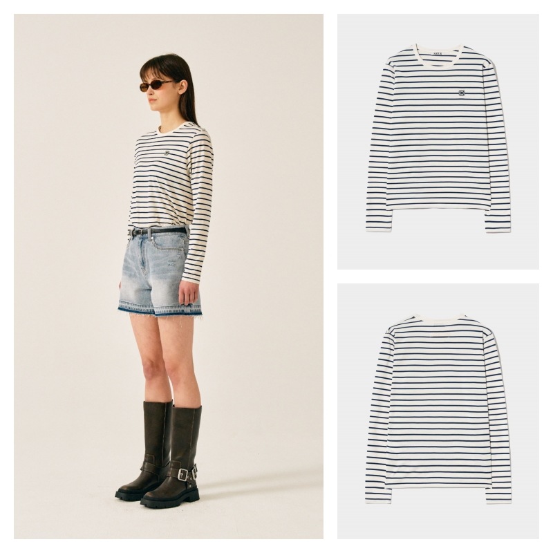 SATUR】 (W) ALL DAY COTTON STRIPE LONG SLEEVE : RESORT CREAM