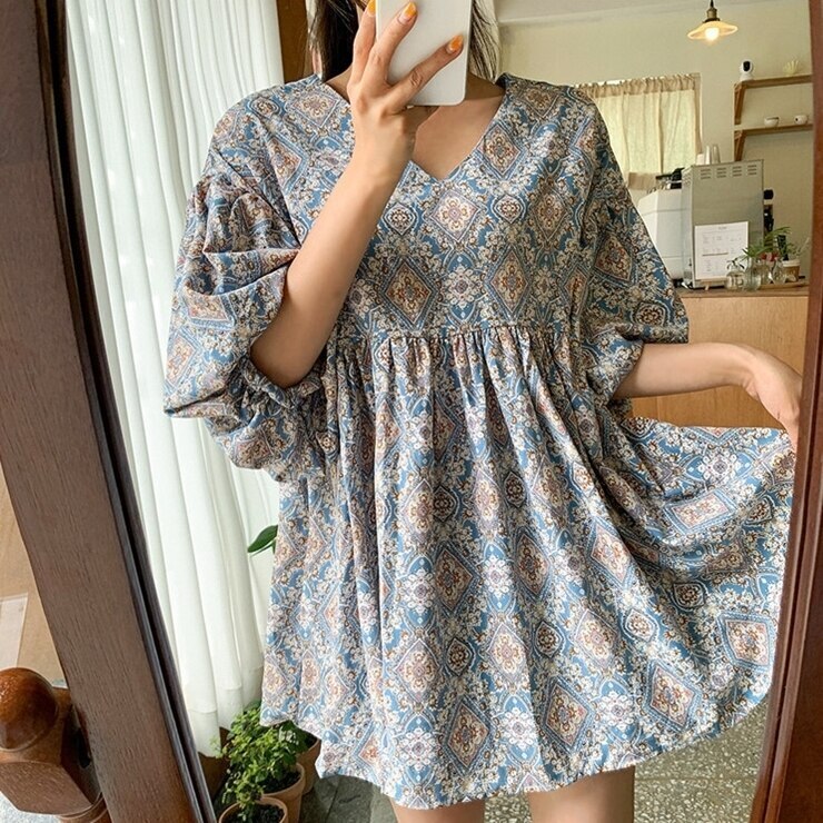 ワンピース ひざ上 シャツワンピース 花柄ワンピース レディース ミニ丈 ミニワンピース 花柄 エスニック調 Vネック 七分袖 五分袖 チュニック ドレス オーバーサイズ 大人可愛い レトロ ガーリー