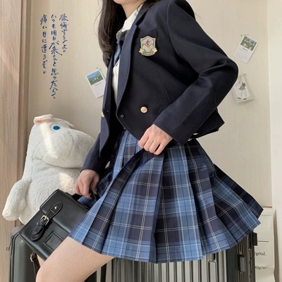JK制服スーツJKスーツレディースフルセット校正バッジ一粒ボタン紺色スーツジャケットショート丈