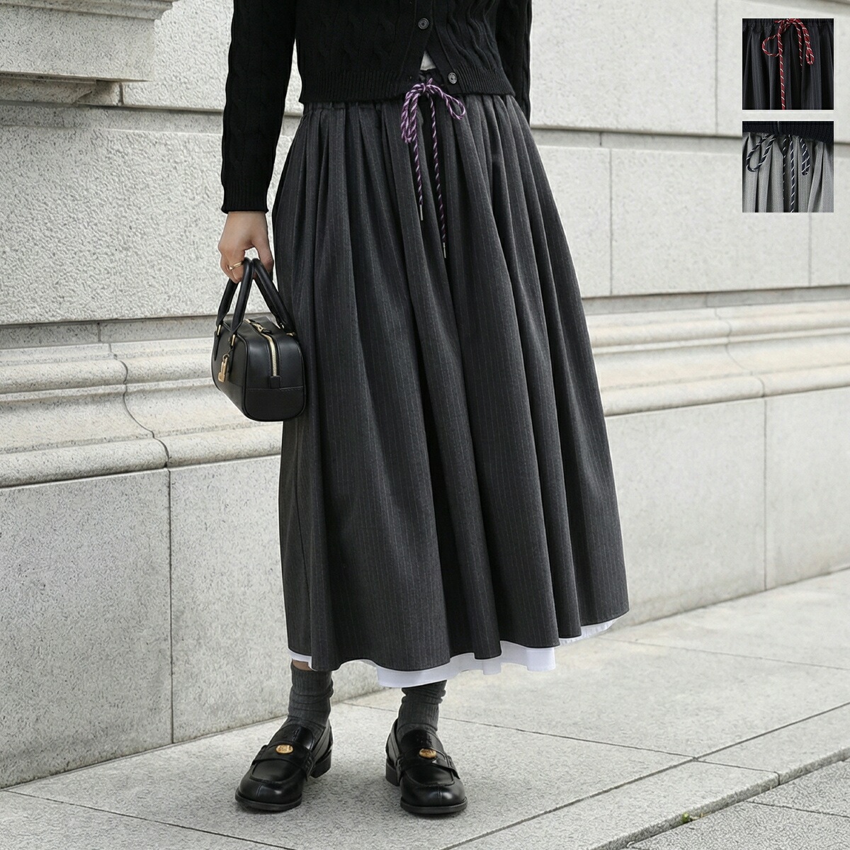 Dignite Collier ディニテコリエ ギャザースカート 80256515 レディース 2way ストライプ フレア ペチコート付 ミディ丈 カラー3色