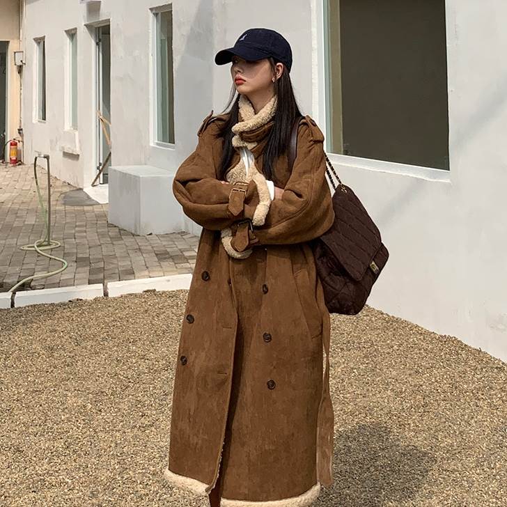 もこもこ ボア ブルゾン ロング コート アウター レディース ジャケット トレンチ型 おしゃれ かっこいい 高見え スタンドカラー バイカラー 袖ベルト 襟ベルト ボタン 秋 冬 小さいサイズ 長
