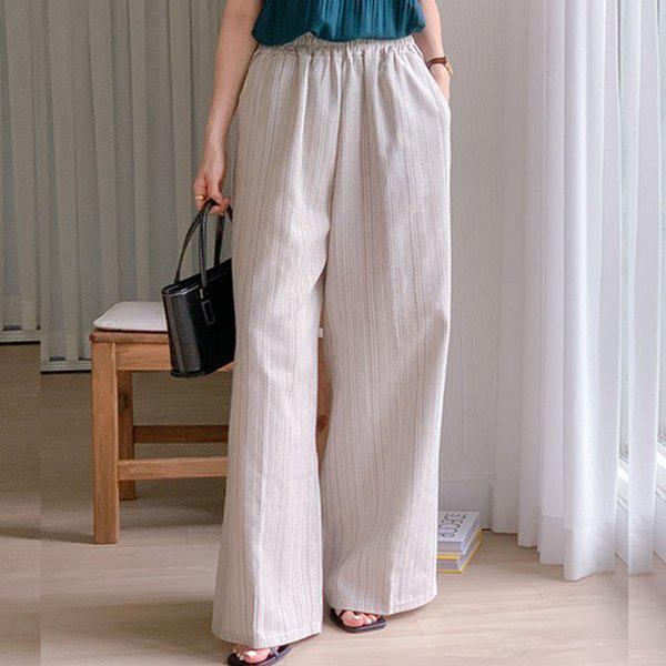 Hスタイル(PT)Pリネンストライプ 夏 女性 ビッグサイズ リネン バンディングパンツ スラックス ワイドパンツ ストレートパンツ