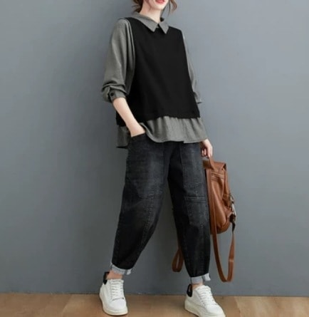 重ね着風ロングトップス シャツ トップス ブラウス ベスト 長袖 Aライン ワイド かわいい 可愛い きれいめ シンプル カジュアル 上品 おしゃれ お洒落 かっこいい レトロ 可愛い