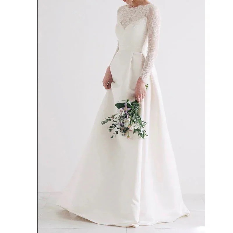 前撮り 長袖 ワンピース 編み上げタイプ Aライン ウェディングドレス ロング ウエディングドレス