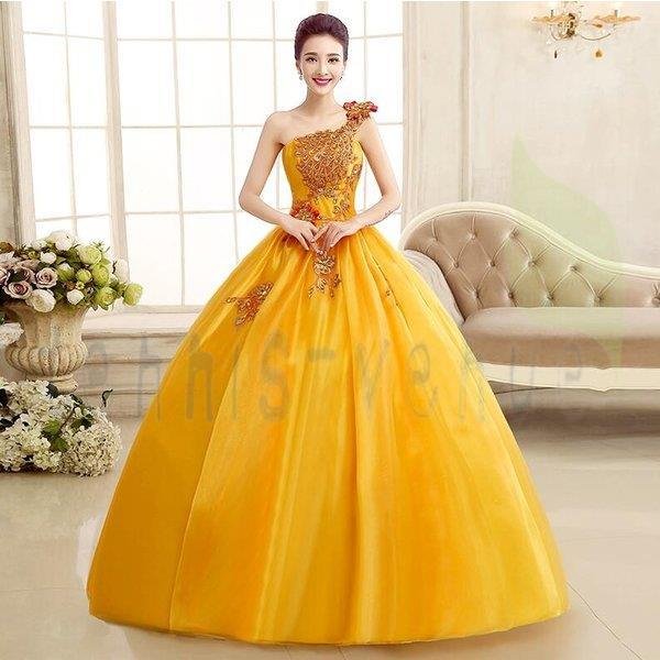 ウエディンドレス ロング丈ライエロー超豪華レースシングル肩 気質優雅大きいサイズ 結婚式 スパンコール二次会 演奏会 花嫁 撮影 編み上げ式