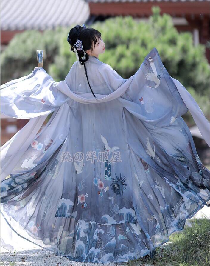 中華風チャイナドレス　 レディース唐装漢服鶴プリント華流ステージコスプレ衣装 中国風コスチューム2点セット羽織あり3点セット イベント 学園祭パーティーダンス衣装 チャイナドレス 写真撮影ドレス