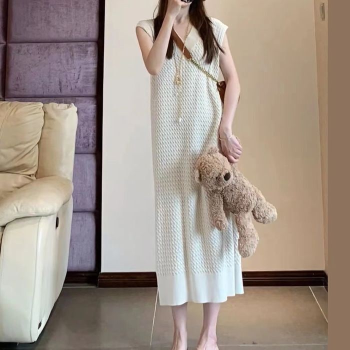 ワンピース ロング丈 袖なし ノースリーブ サマーニット クロシェ デザイン 美ライン ニュアンス ドレープ 天然素材 かわいい 大人可愛い きれいめ シンプル カジュアル 大人 上品 おしゃれ