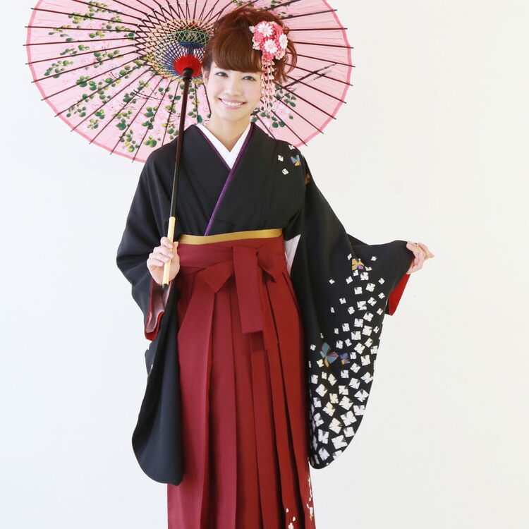 レンタル卒業式 袴 レンタル 女 袴セット 女 卒業式袴セット2尺袖着物&袴 フルセットレンタル 安い 黒地に蝶 レトロ 大正ロマン