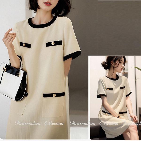 今すぐ欲しい！ラウンドネックお嬢様ワンピース　ひざ丈　伸縮素材　半袖　Iライン　オフホワイト　大きいサイズ有り　SからXXL 通勤通学20代30代40代50代60代