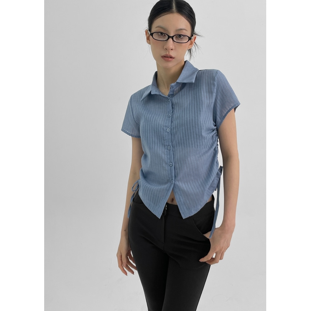 ブラックアップラクシンシースルーストリングショートスリーブシャツ