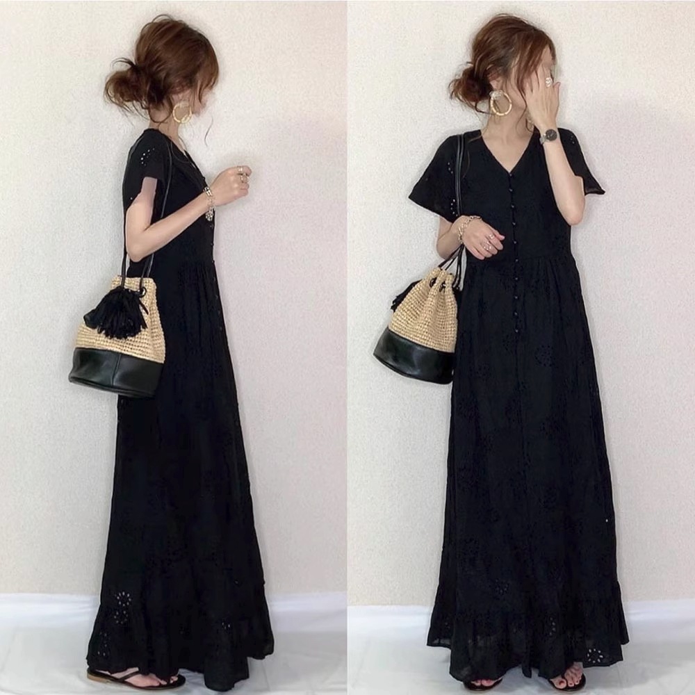 ワンピース カラードレス マキシ丈ドレス 袖あり 半袖 パフスリーブ ラウンドネック Aラインスカートレースボタン ハイウエスト かわいい きれいめ シンプル 大人 上品 おしゃれ かっこいい